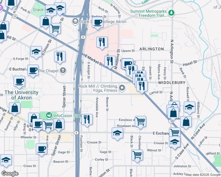 map of restaurants, bars, coffee shops, grocery stores, and more near 70 South Adams Street in Akron