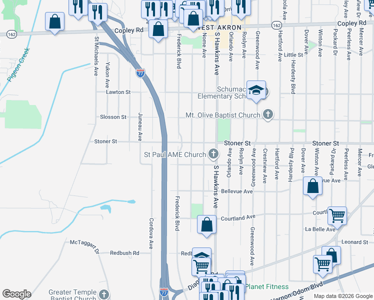 map of restaurants, bars, coffee shops, grocery stores, and more near 1223 Seward Avenue in Akron