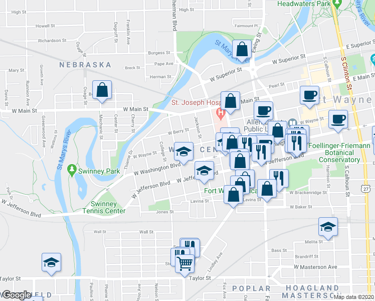 map of restaurants, bars, coffee shops, grocery stores, and more near 1005 West Wayne Street in Fort Wayne