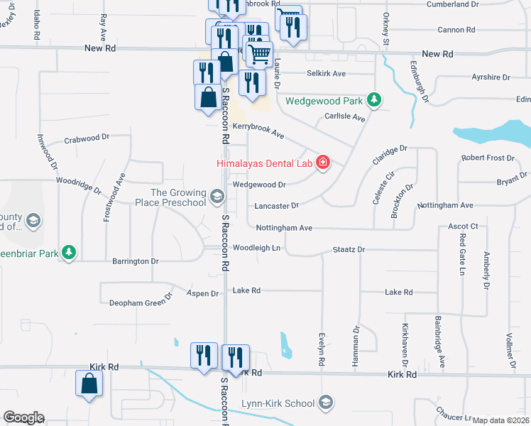 map of restaurants, bars, coffee shops, grocery stores, and more near 1877 Lancaster Drive in Youngstown