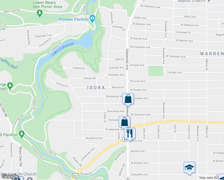 map of restaurants, bars, coffee shops, grocery stores, and more near 759 Winona Drive in Youngstown
