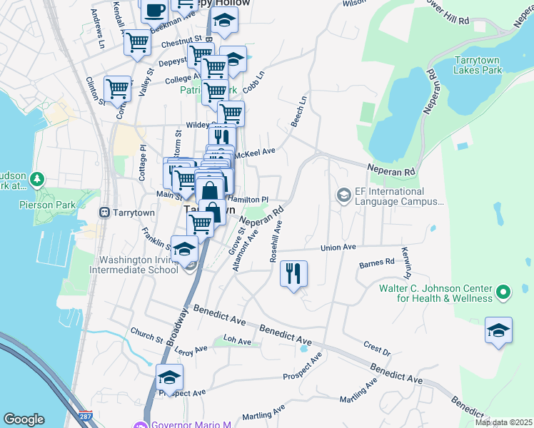 map of restaurants, bars, coffee shops, grocery stores, and more near 75 Neperan Road in Tarrytown