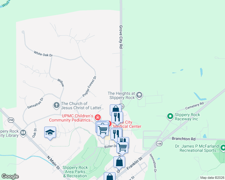 map of restaurants, bars, coffee shops, grocery stores, and more near 321 Grove City Road in Slippery Rock