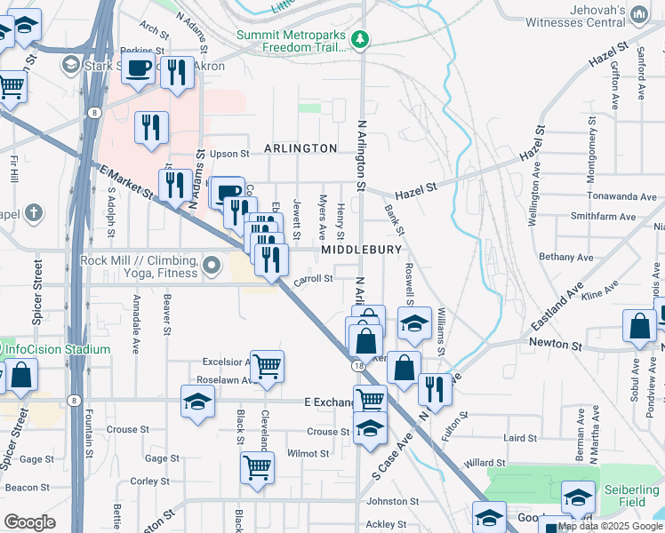 map of restaurants, bars, coffee shops, grocery stores, and more near 134 Lee Drive in Akron