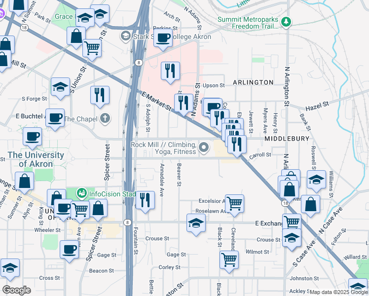map of restaurants, bars, coffee shops, grocery stores, and more near 70 South Adams Street in Akron