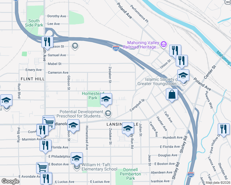 map of restaurants, bars, coffee shops, grocery stores, and more near 919 East Dewey Avenue in Youngstown