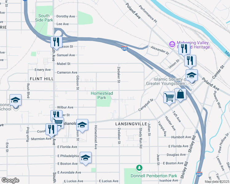 map of restaurants, bars, coffee shops, grocery stores, and more near 865 East Dewey Avenue in Youngstown
