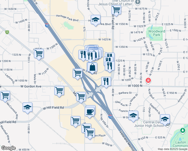 map of restaurants, bars, coffee shops, grocery stores, and more near 675 Ring Road in Layton
