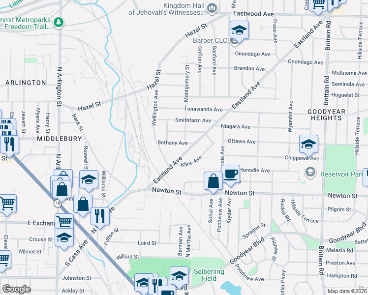 map of restaurants, bars, coffee shops, grocery stores, and more near 320 Eastland Avenue in Akron