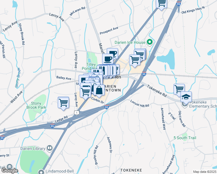 map of restaurants, bars, coffee shops, grocery stores, and more near 7 Center Street in Darien