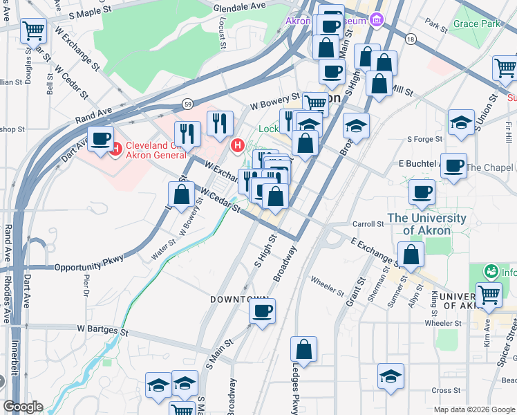 map of restaurants, bars, coffee shops, grocery stores, and more near 376 Paul Williams Street in Akron