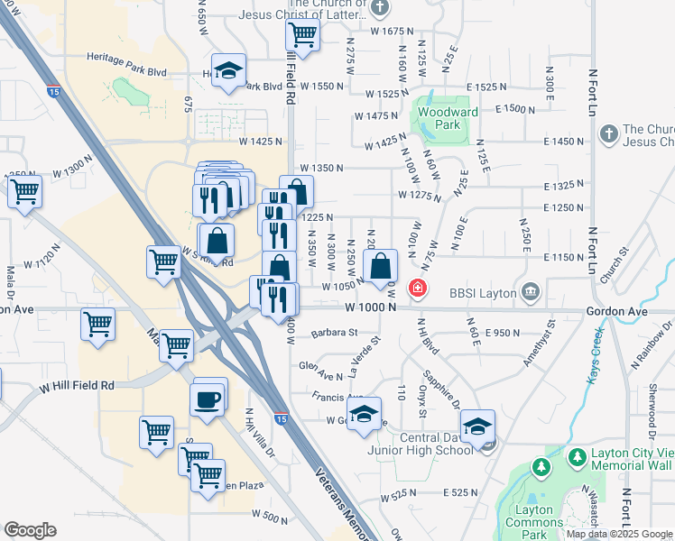 map of restaurants, bars, coffee shops, grocery stores, and more near 1096 North 300 West in Layton