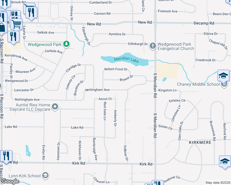 map of restaurants, bars, coffee shops, grocery stores, and more near 3869 Nottingham Avenue in Youngstown