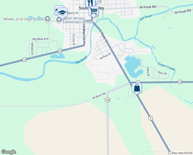 map of restaurants, bars, coffee shops, grocery stores, and more near 357 Deer Trail in South Whitley