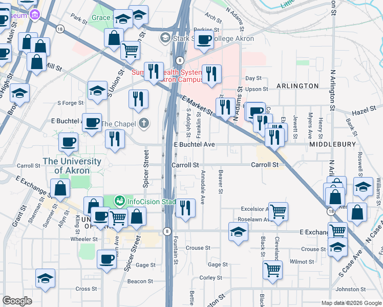 map of restaurants, bars, coffee shops, grocery stores, and more near 70 Wise Street in Akron