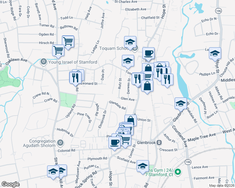 map of restaurants, bars, coffee shops, grocery stores, and more near 10 Rutz Street in Stamford