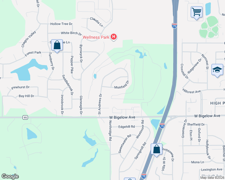 map of restaurants, bars, coffee shops, grocery stores, and more near 1105 Muirfield Drive in Findlay