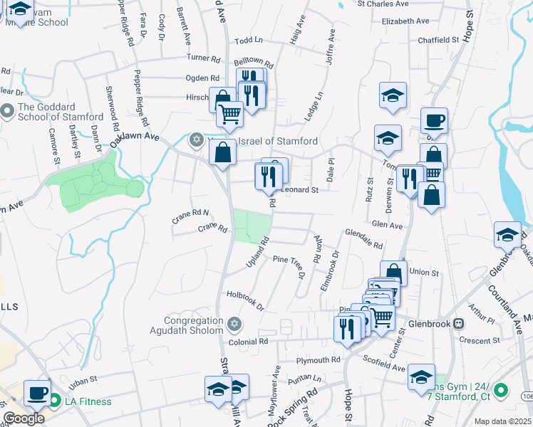 map of restaurants, bars, coffee shops, grocery stores, and more near 1 Burdick Street in Stamford