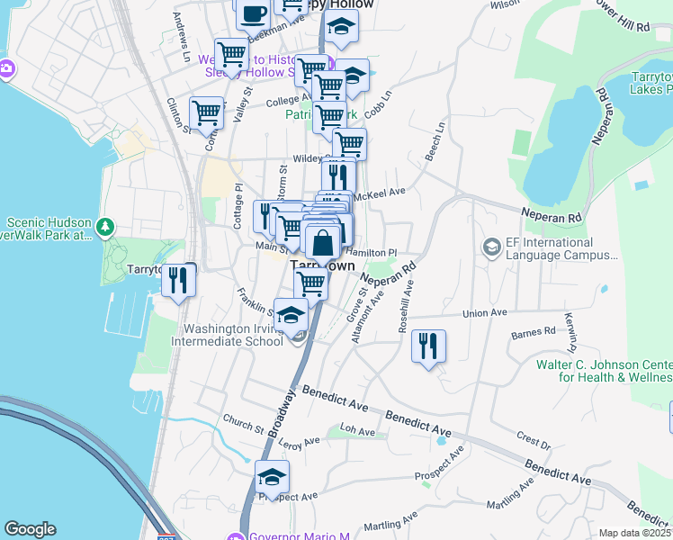 map of restaurants, bars, coffee shops, grocery stores, and more near in Tarrytown