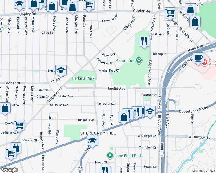 map of restaurants, bars, coffee shops, grocery stores, and more near 643 Euclid Avenue in Akron