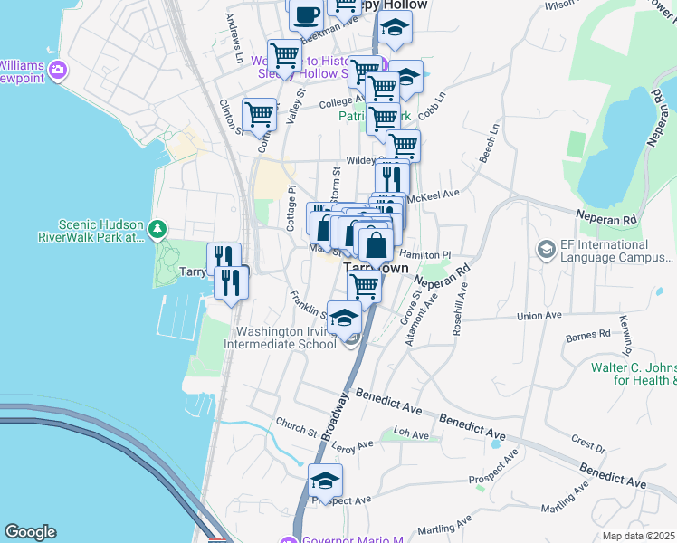 map of restaurants, bars, coffee shops, grocery stores, and more near 22 South Washington Street in Tarrytown