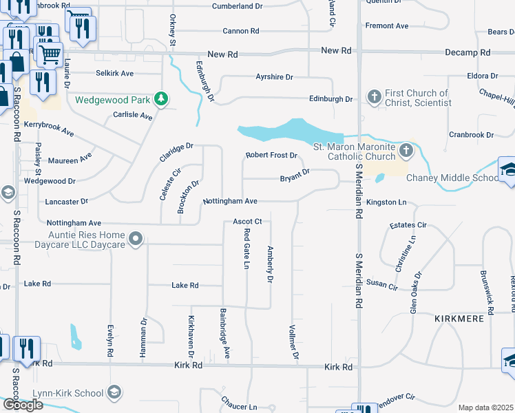 map of restaurants, bars, coffee shops, grocery stores, and more near 3939 Nottingham Avenue in Youngstown