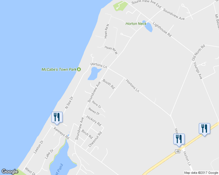 map of restaurants, bars, coffee shops, grocery stores, and more near 135 Booth Road in Southold