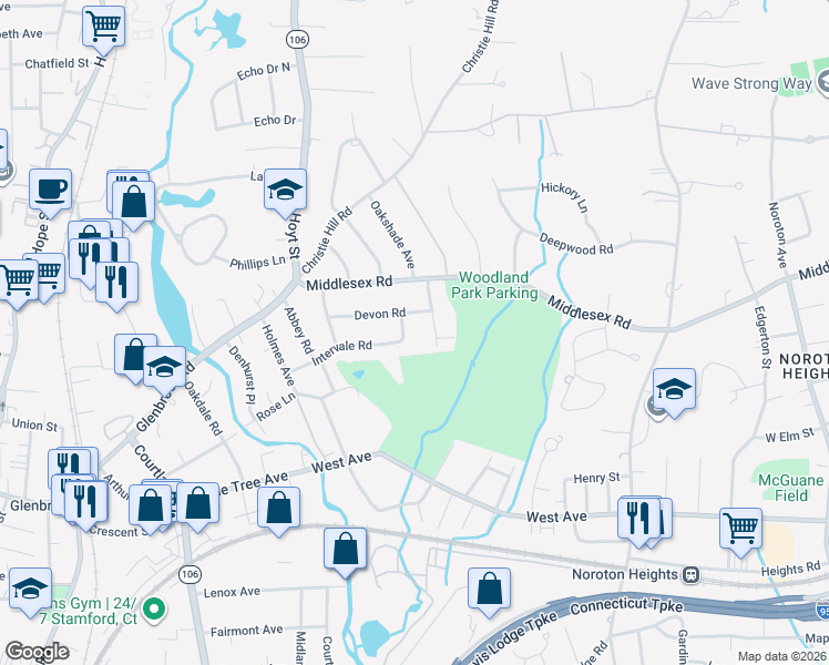 map of restaurants, bars, coffee shops, grocery stores, and more near 6 Forest Road in Darien
