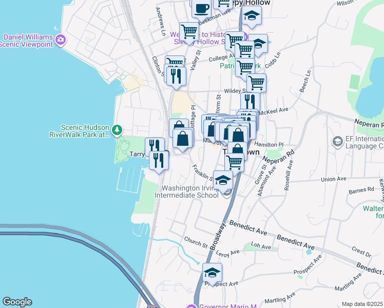 map of restaurants, bars, coffee shops, grocery stores, and more near 109 Franklin Street in Tarrytown