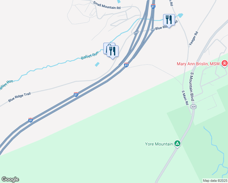 map of restaurants, bars, coffee shops, grocery stores, and more near Blue Ridge Trail in Mountain Top