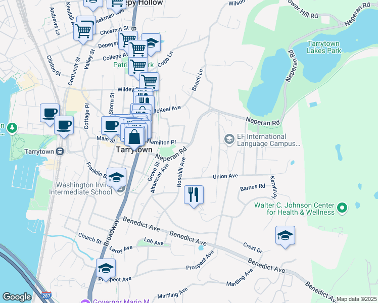 map of restaurants, bars, coffee shops, grocery stores, and more near 100 Neperan Road in Tarrytown