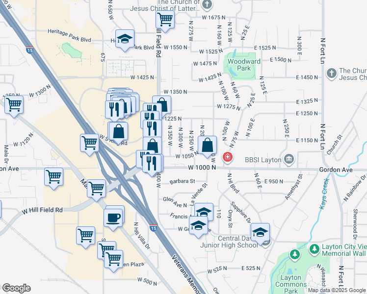 map of restaurants, bars, coffee shops, grocery stores, and more near 1096 North 300 West in Layton