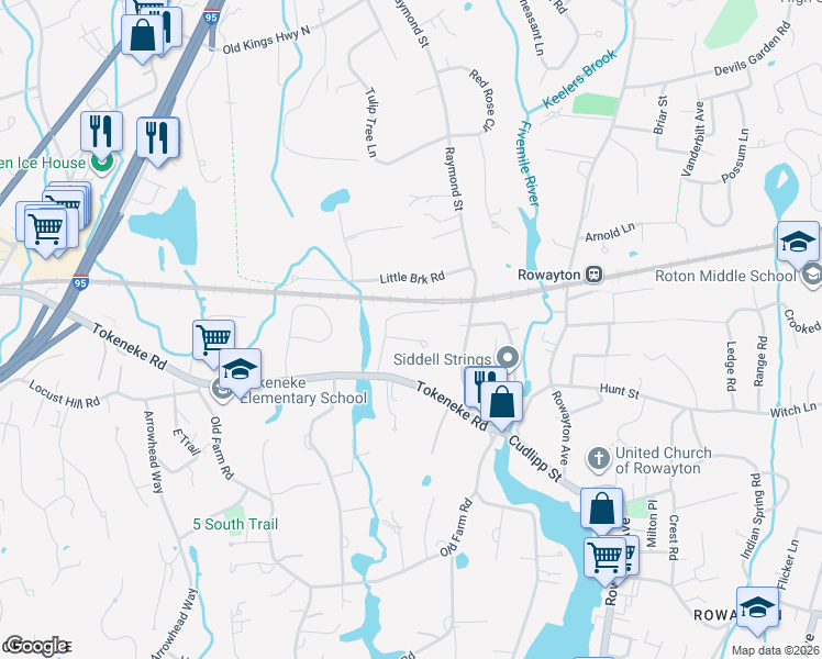map of restaurants, bars, coffee shops, grocery stores, and more near 15 Harriet Lane in Darien