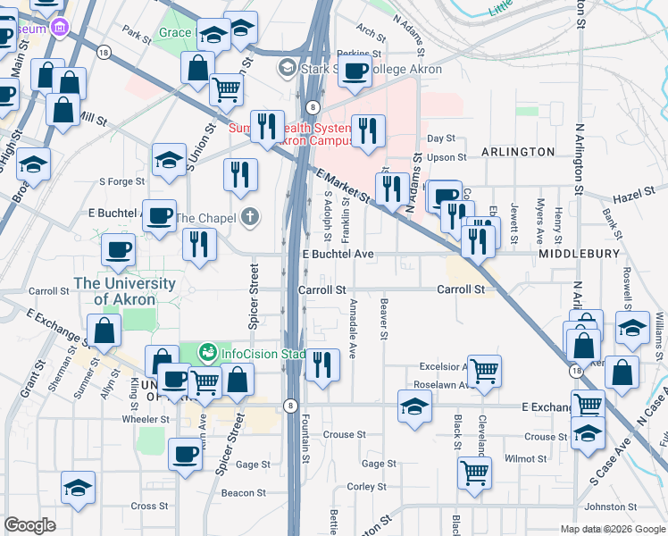 map of restaurants, bars, coffee shops, grocery stores, and more near 70 Wise Street in Akron