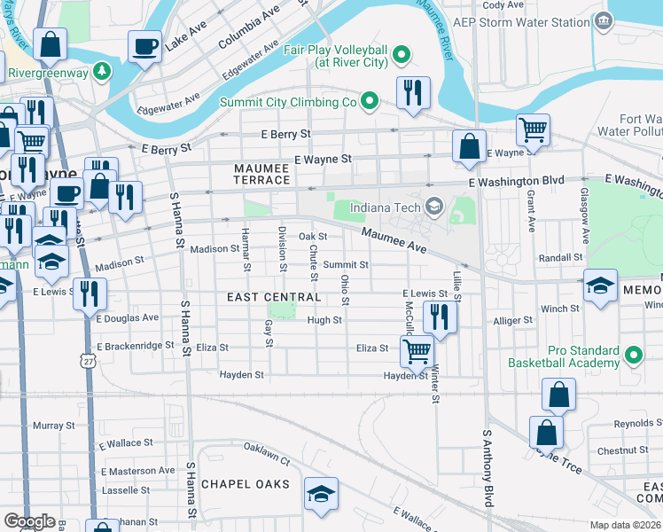 map of restaurants, bars, coffee shops, grocery stores, and more near 1218 Summit Street in Fort Wayne