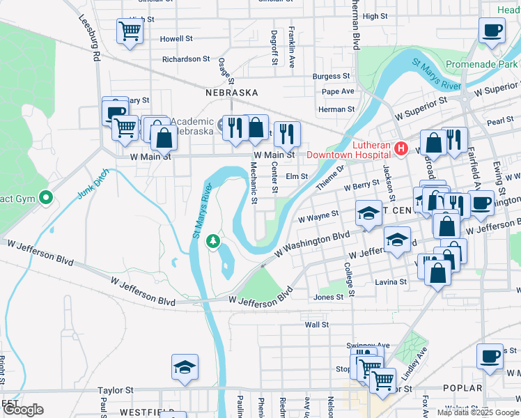 map of restaurants, bars, coffee shops, grocery stores, and more near 222 Mechanic Street in Fort Wayne