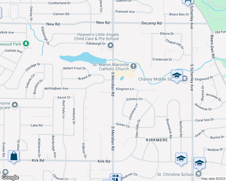 map of restaurants, bars, coffee shops, grocery stores, and more near 1652 South Meridian Road in Youngstown