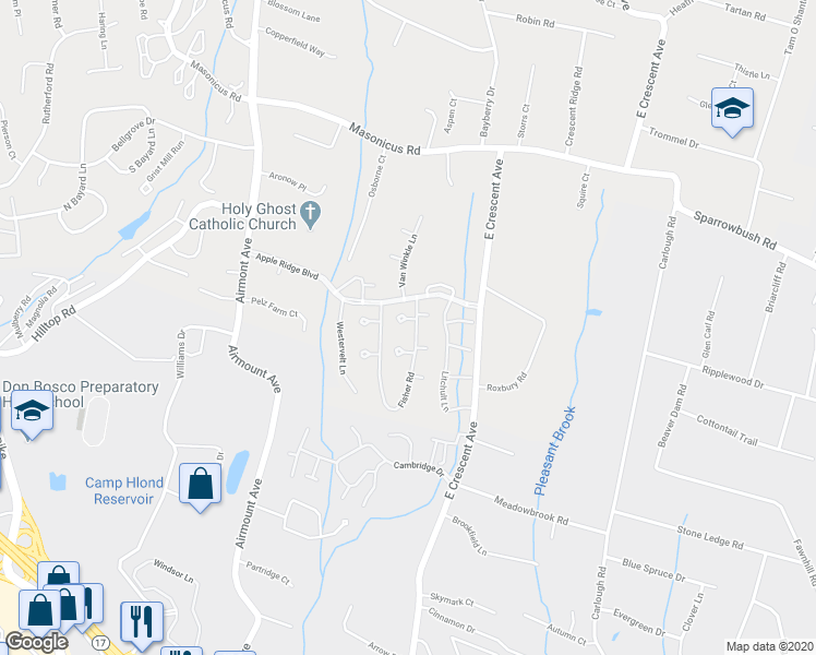 map of restaurants, bars, coffee shops, grocery stores, and more near 75 Fisher Road in Mahwah