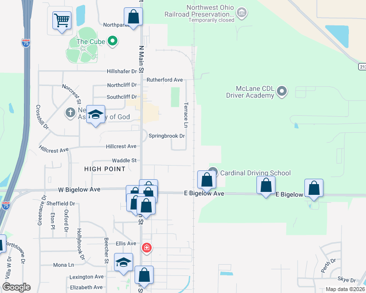map of restaurants, bars, coffee shops, grocery stores, and more near 230 Terrace Drive in Findlay