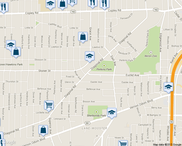map of restaurants, bars, coffee shops, grocery stores, and more near 811 Euclid Avenue in Akron