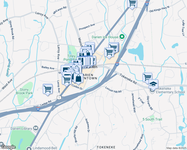 map of restaurants, bars, coffee shops, grocery stores, and more near 42 Center Street in Darien