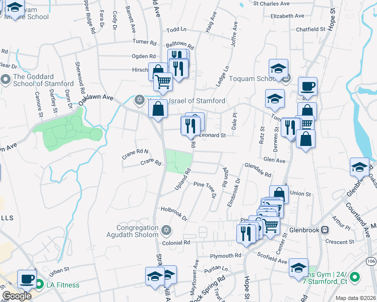map of restaurants, bars, coffee shops, grocery stores, and more near 1 Burdick Street in Stamford