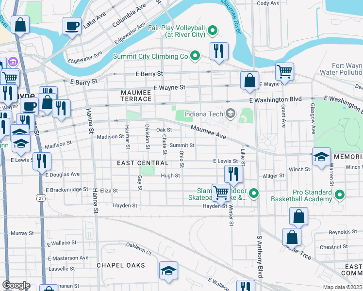 map of restaurants, bars, coffee shops, grocery stores, and more near Summit Street in Fort Wayne