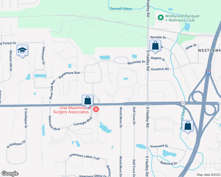 map of restaurants, bars, coffee shops, grocery stores, and more near 832 Tattersholl Court in Fort Wayne