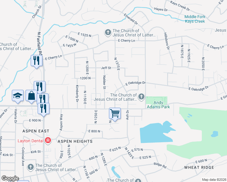 map of restaurants, bars, coffee shops, grocery stores, and more near 1137 Oakridge Drive in Layton