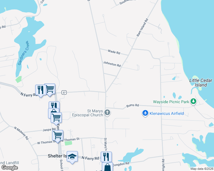map of restaurants, bars, coffee shops, grocery stores, and more near 3 Ram Island Road in Shelter Island