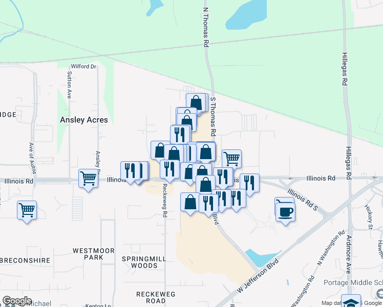 map of restaurants, bars, coffee shops, grocery stores, and more near 1102 South Thomas Road in Fort Wayne