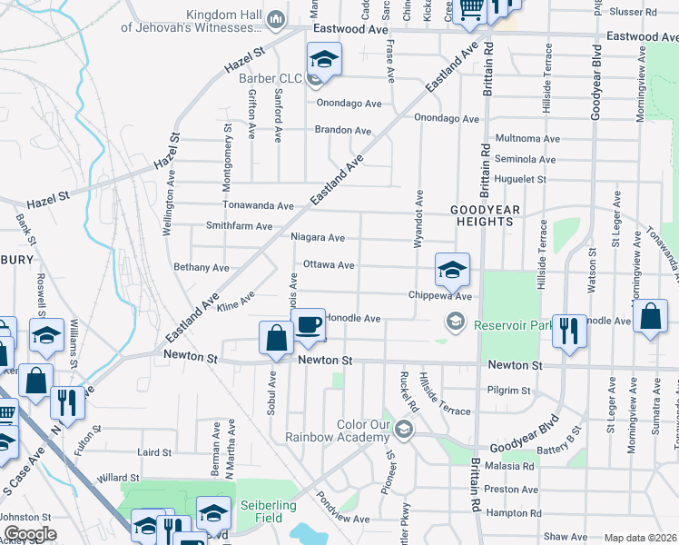 map of restaurants, bars, coffee shops, grocery stores, and more near 1296 Ottawa Avenue in Akron