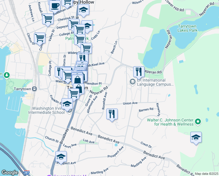map of restaurants, bars, coffee shops, grocery stores, and more near 100 Neperan Road in Tarrytown
