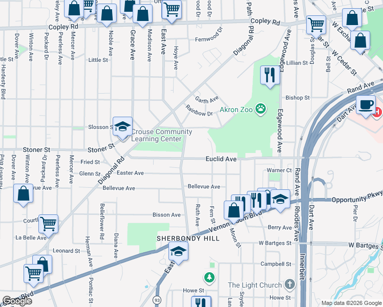 map of restaurants, bars, coffee shops, grocery stores, and more near 681 Euclid Avenue in Akron